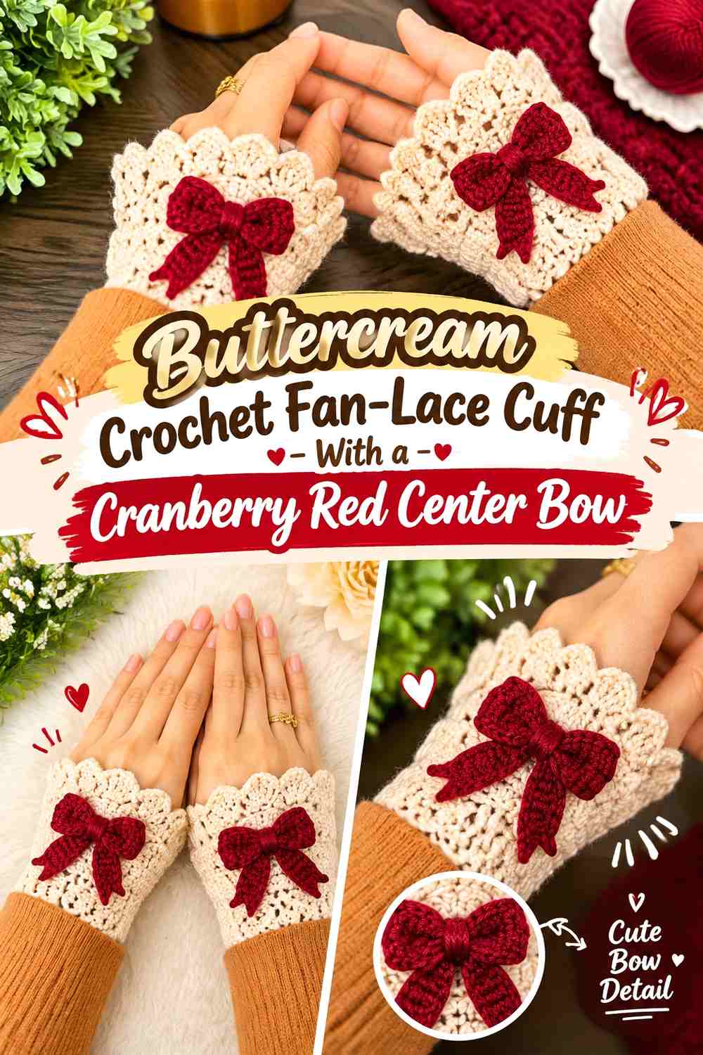 Buttercream Crochet Fan-Lace Cuff With a Cranberry Red Center Bow