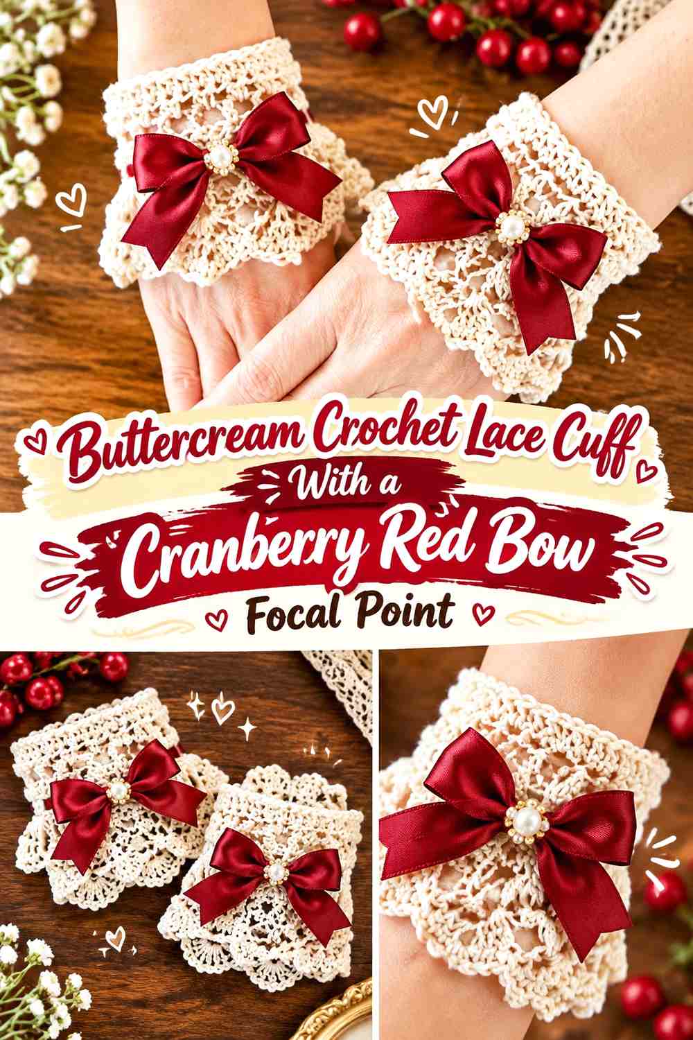 Buttercream Crochet Lace Cuff With a Cranberry Red Bow Focal Point