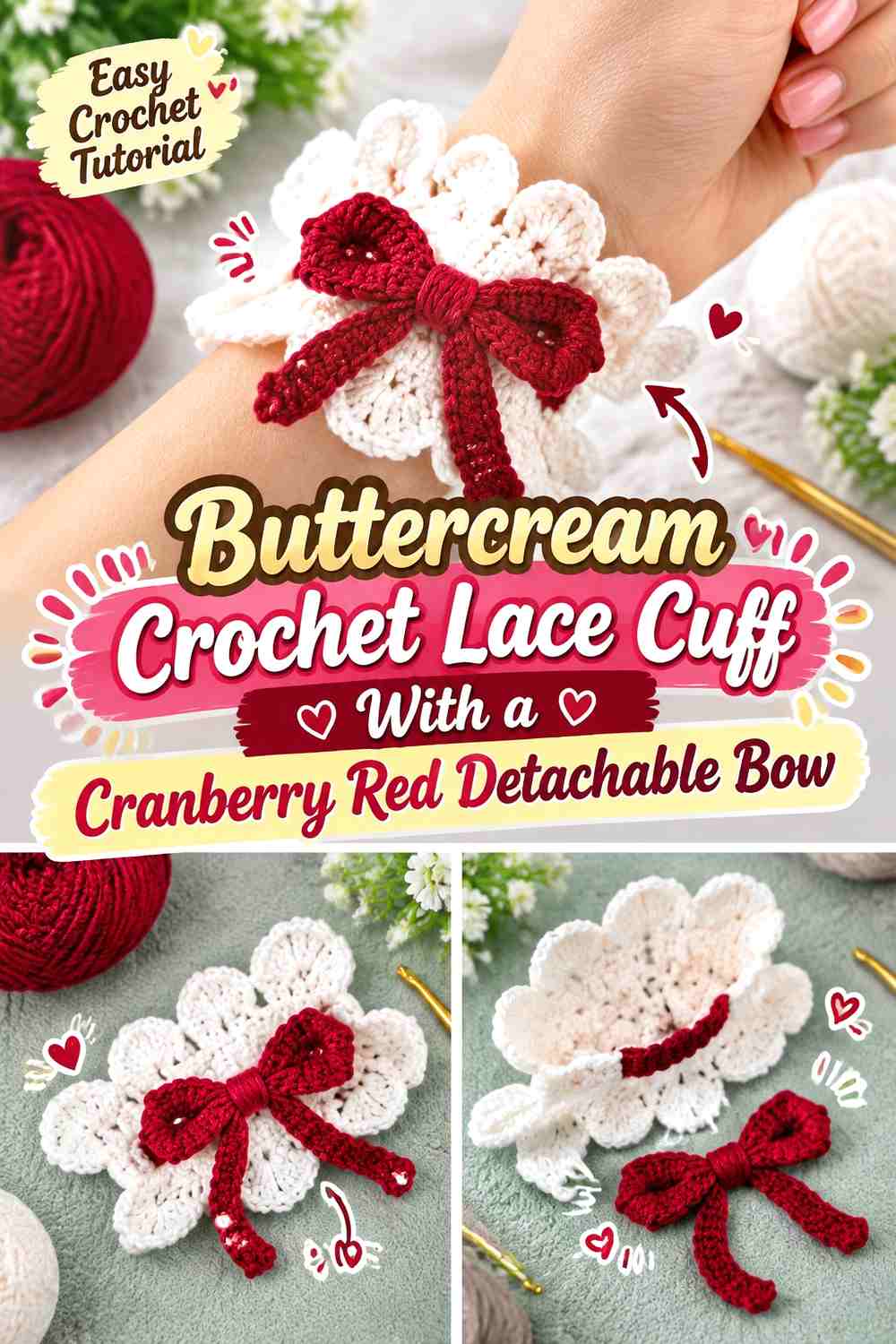 Buttercream Crochet Lace Cuff With a Cranberry Red Detachable Bow