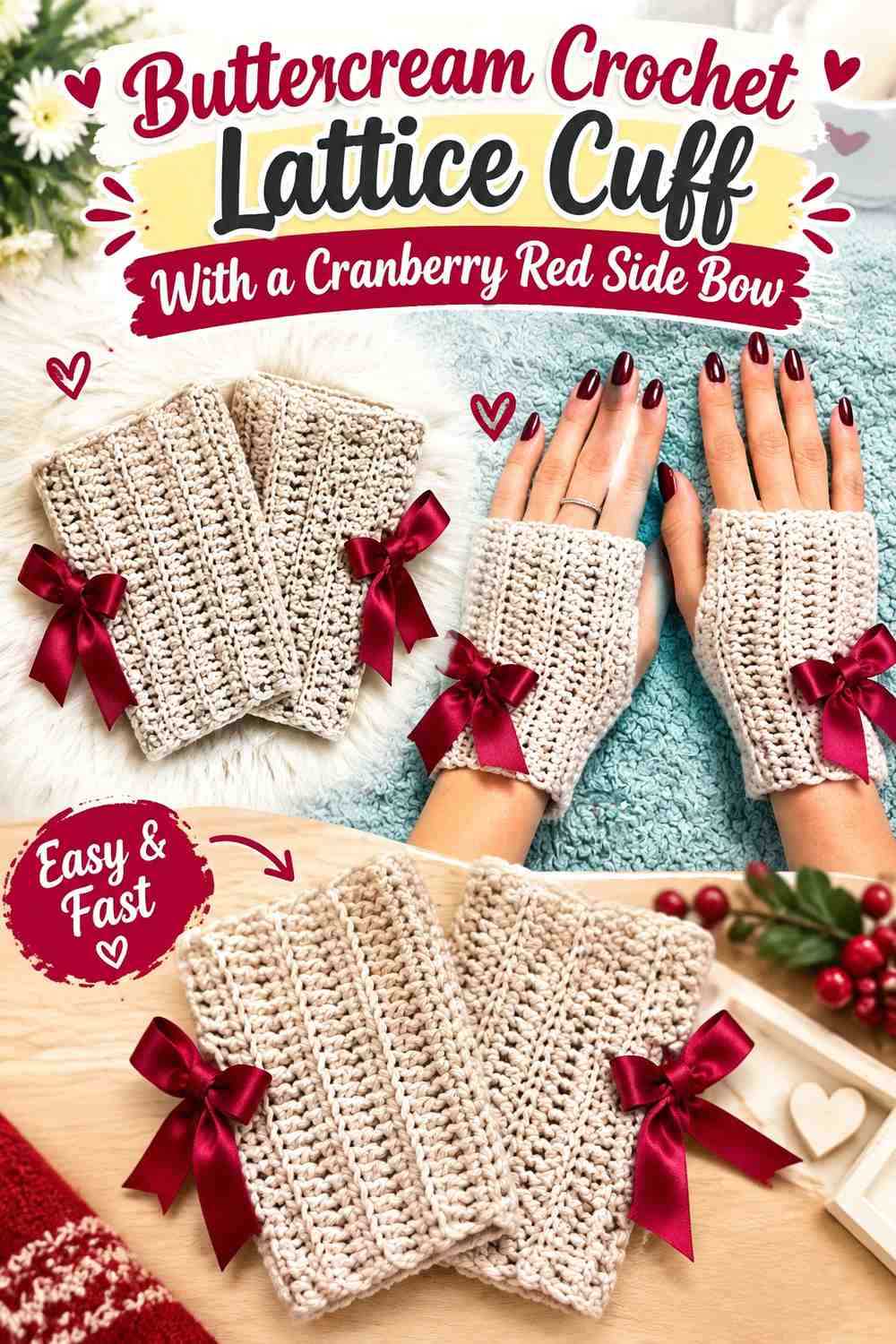 Buttercream Crochet Lattice Cuff With a Cranberry Red Side Bow