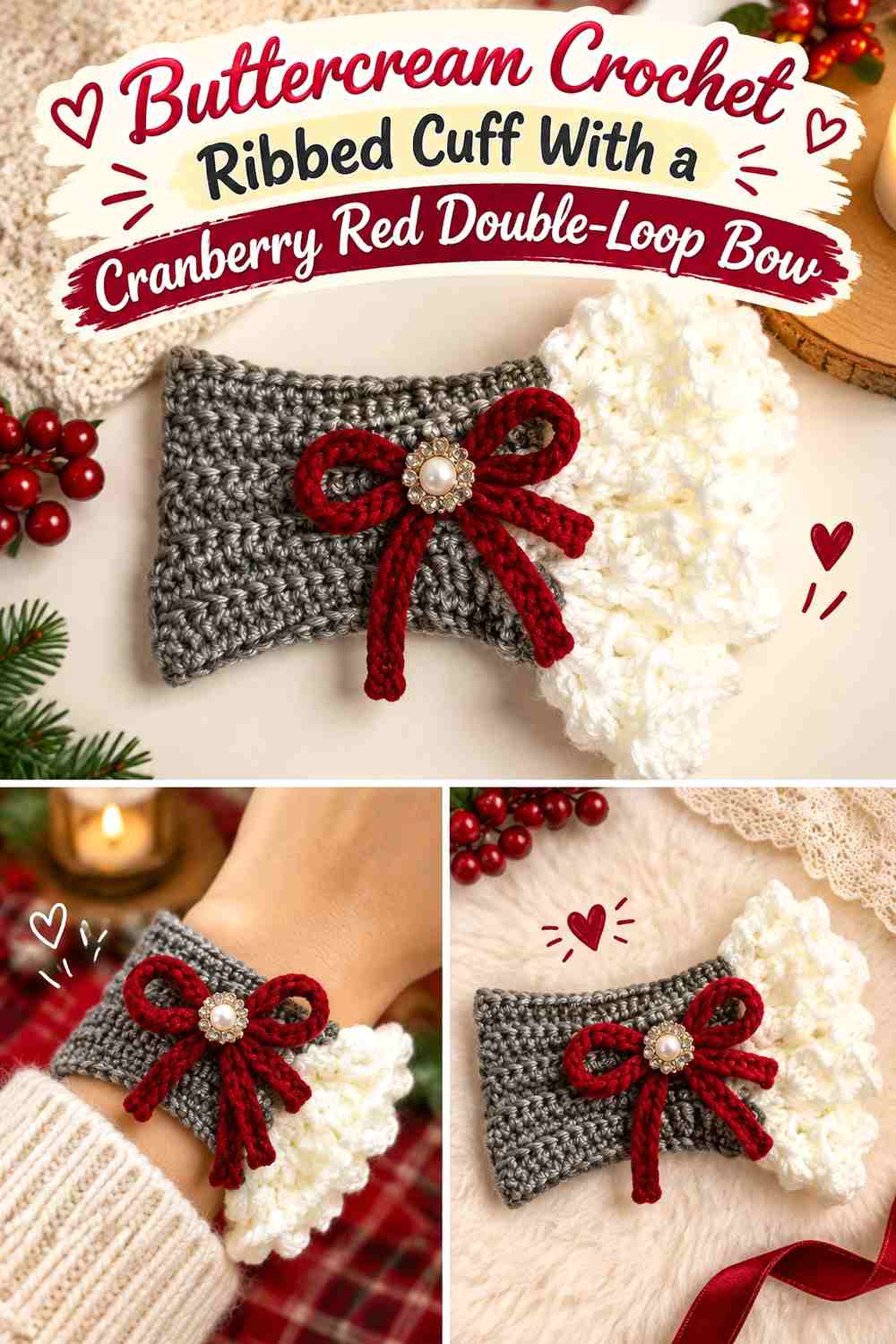 Buttercream Crochet Ribbed Cuff With a Cranberry Red Double-Loop Bow