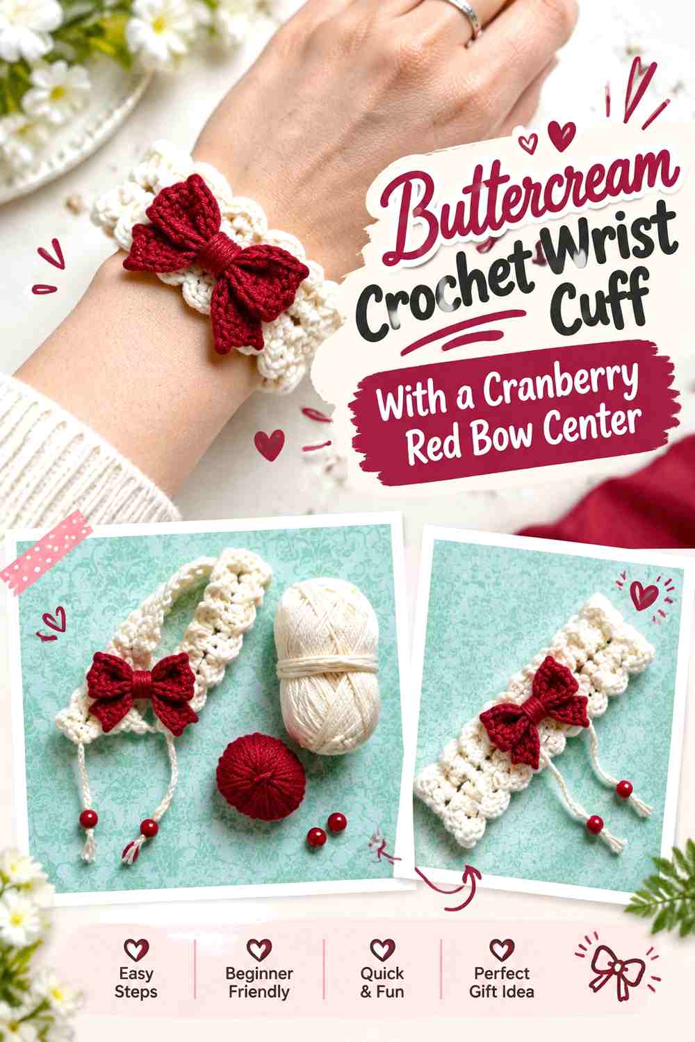Buttercream Crochet Wrist Cuff With a Cranberry Red Bow Center