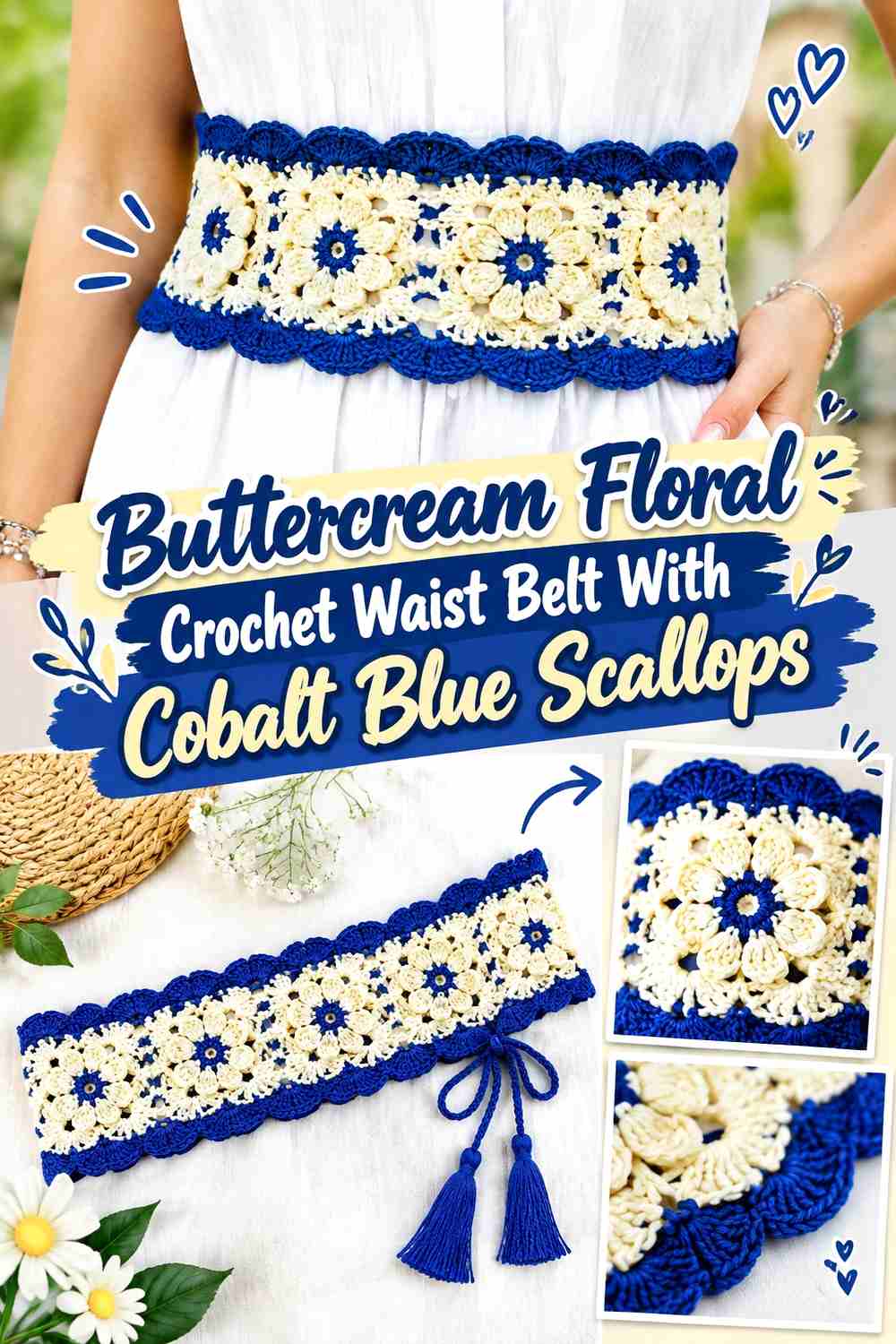 3. Buttercream Floral Crochet Waist Belt With Cobalt Blue Scallops