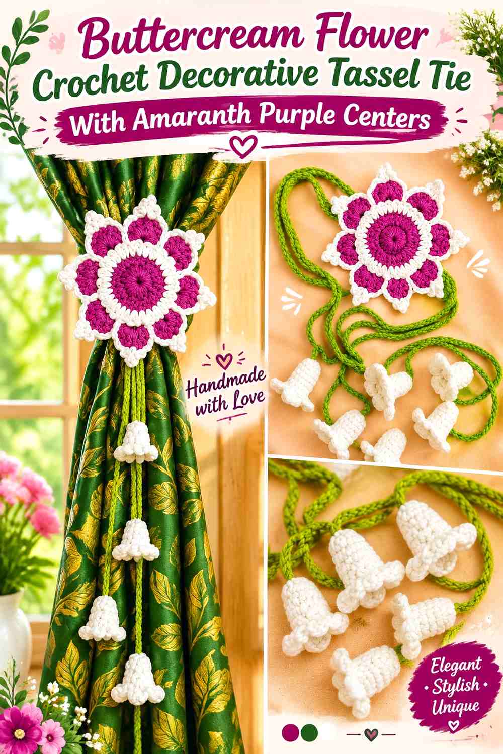 Buttercream Flower Crochet Decorative Tassel Tie With Amaranth Purple Centers