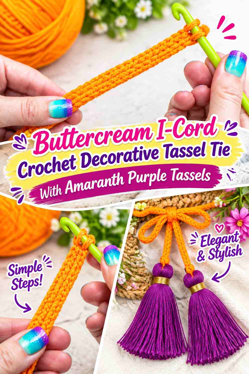 Buttercream I Cord Crochet Decorative Tassel Tie With Amaranth Purple Tassels