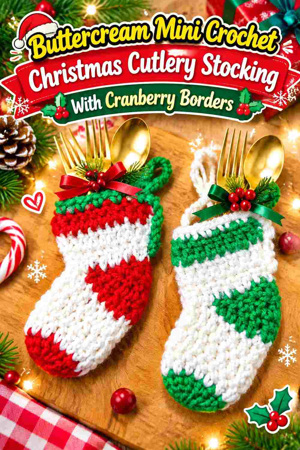 11. Buttercream Mini Crochet Christmas Cutlery Stocking With Cranberry Borders