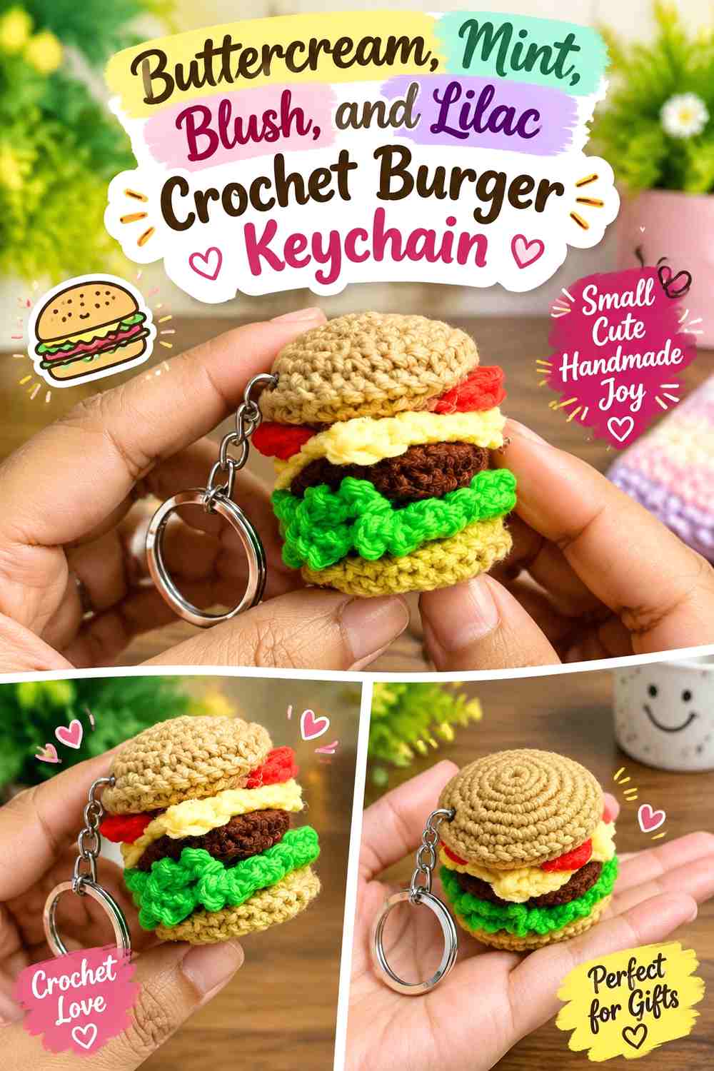Buttercream, Mint, Blush, and Lilac Crochet Burger Keychain