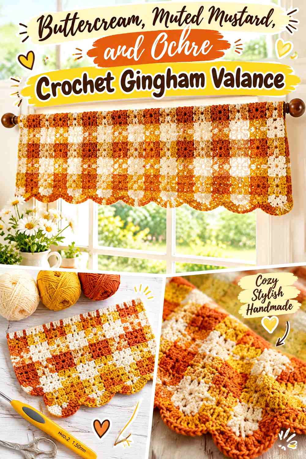 Buttercream, Muted Mustard, and Ochre Crochet Gingham Valance