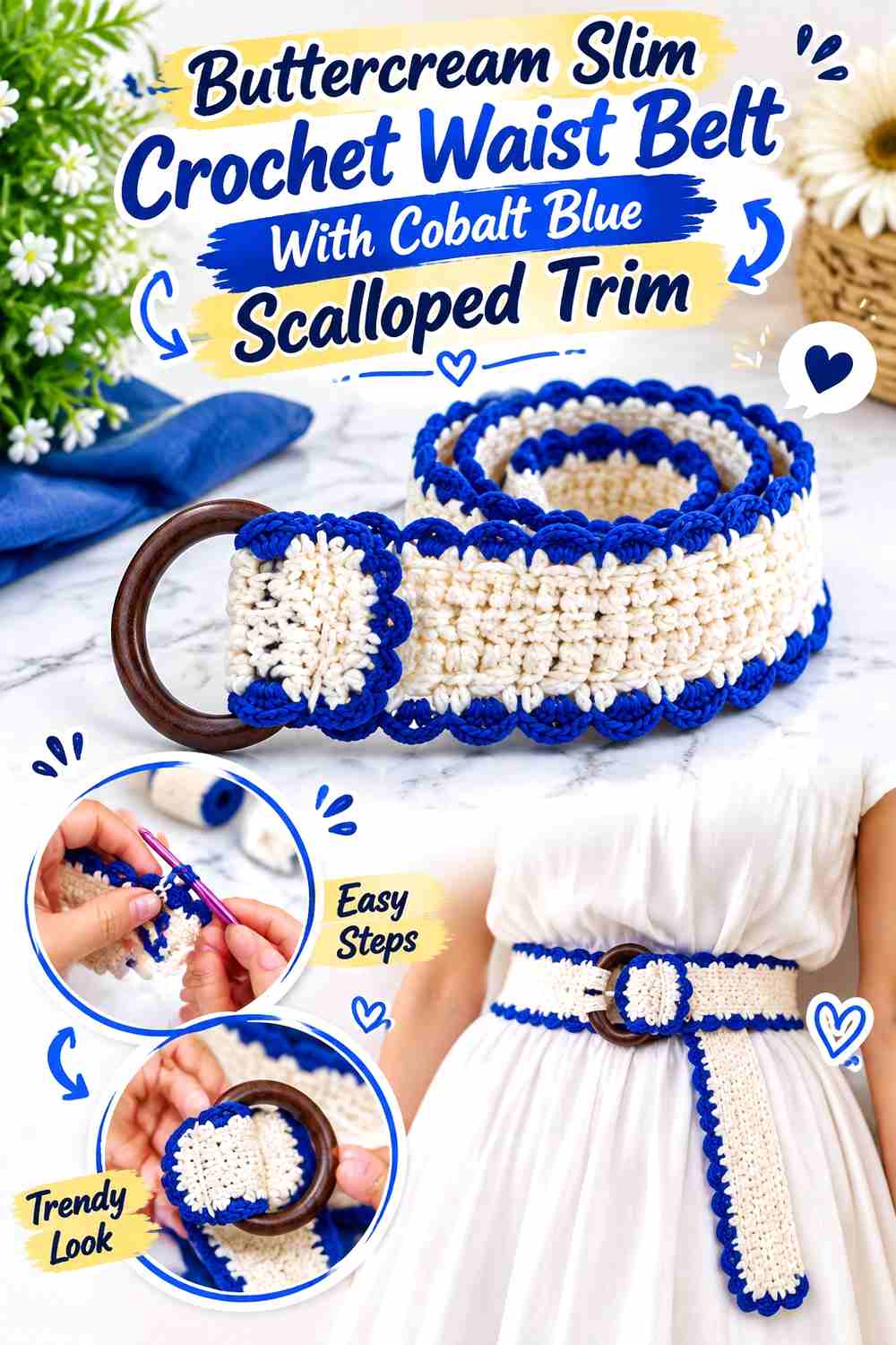 6. Buttercream Slim Crochet Waist Belt With Cobalt Blue Scalloped Trim