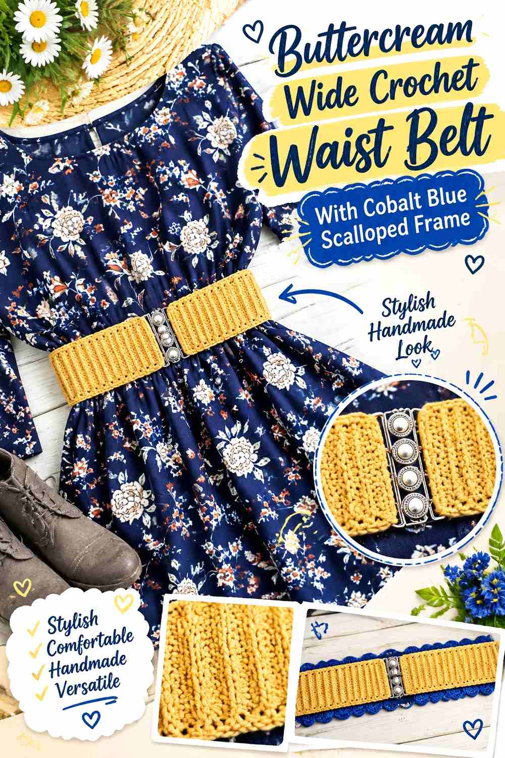 12. Buttercream Wide Crochet Waist Belt With Cobalt Blue Scalloped Frame