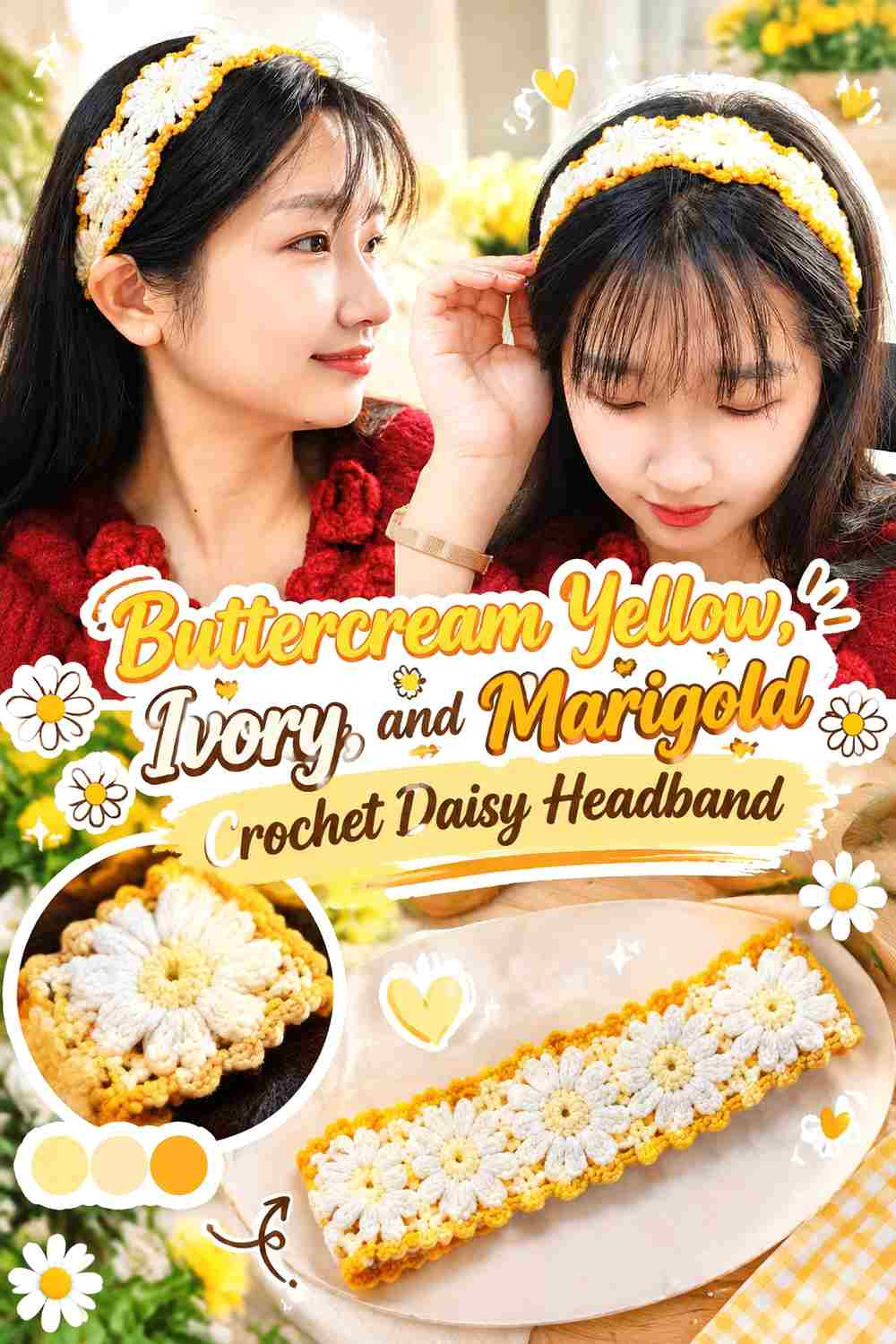 11. Buttercream Yellow Ivory And Marigold Crochet Daisy Headband