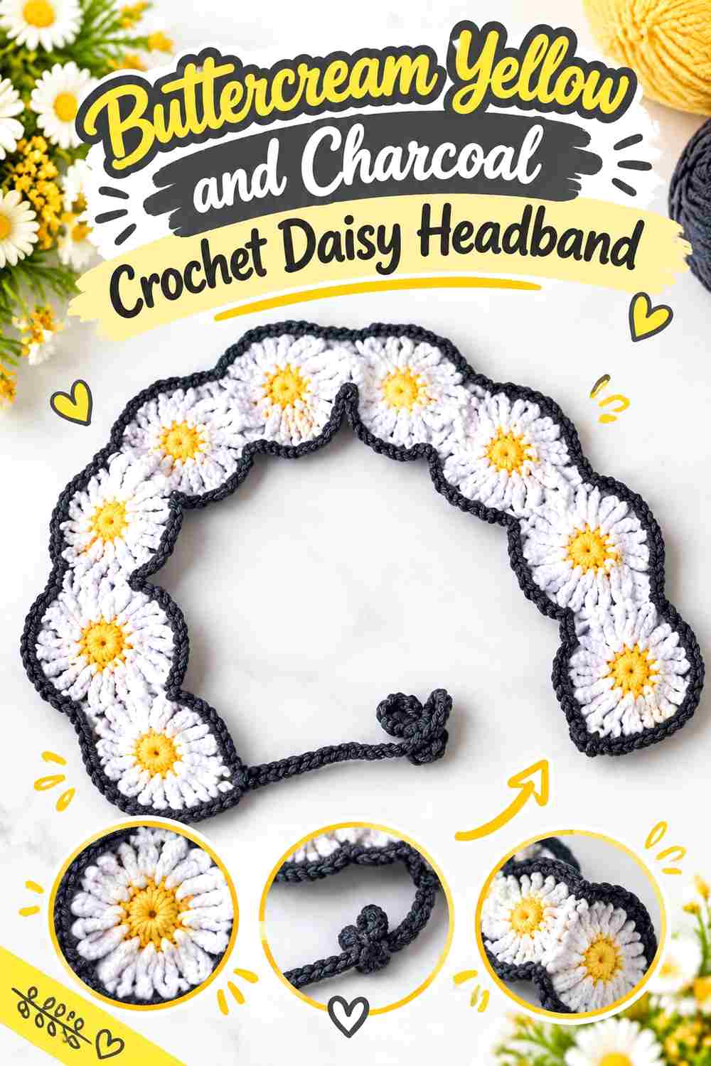 10. Buttercream Yellow And Charcoal Crochet Daisy Headband