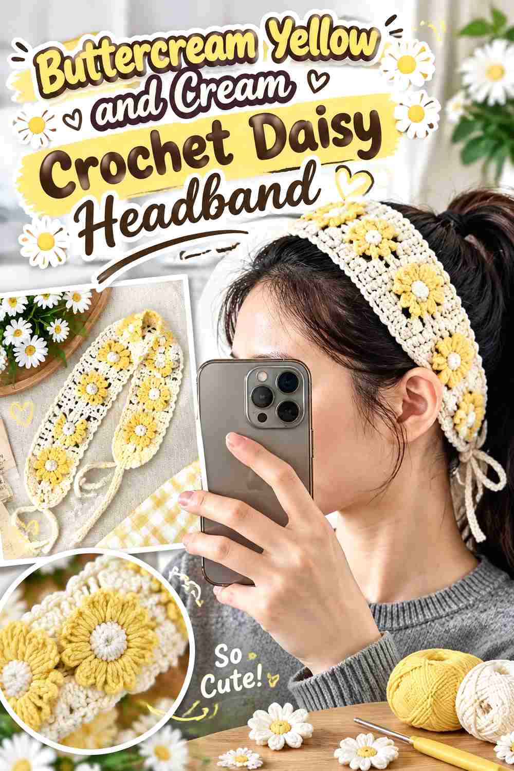 6. Buttercream Yellow And Cream Crochet Daisy Headband