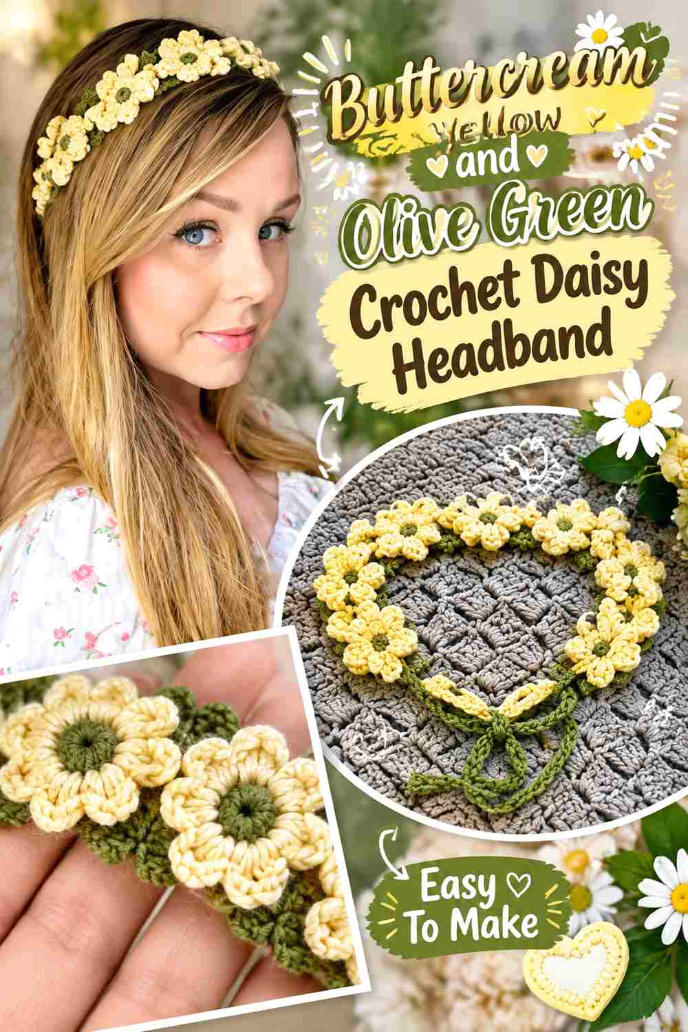 7. Buttercream Yellow And Olive Green Crochet Daisy Headband