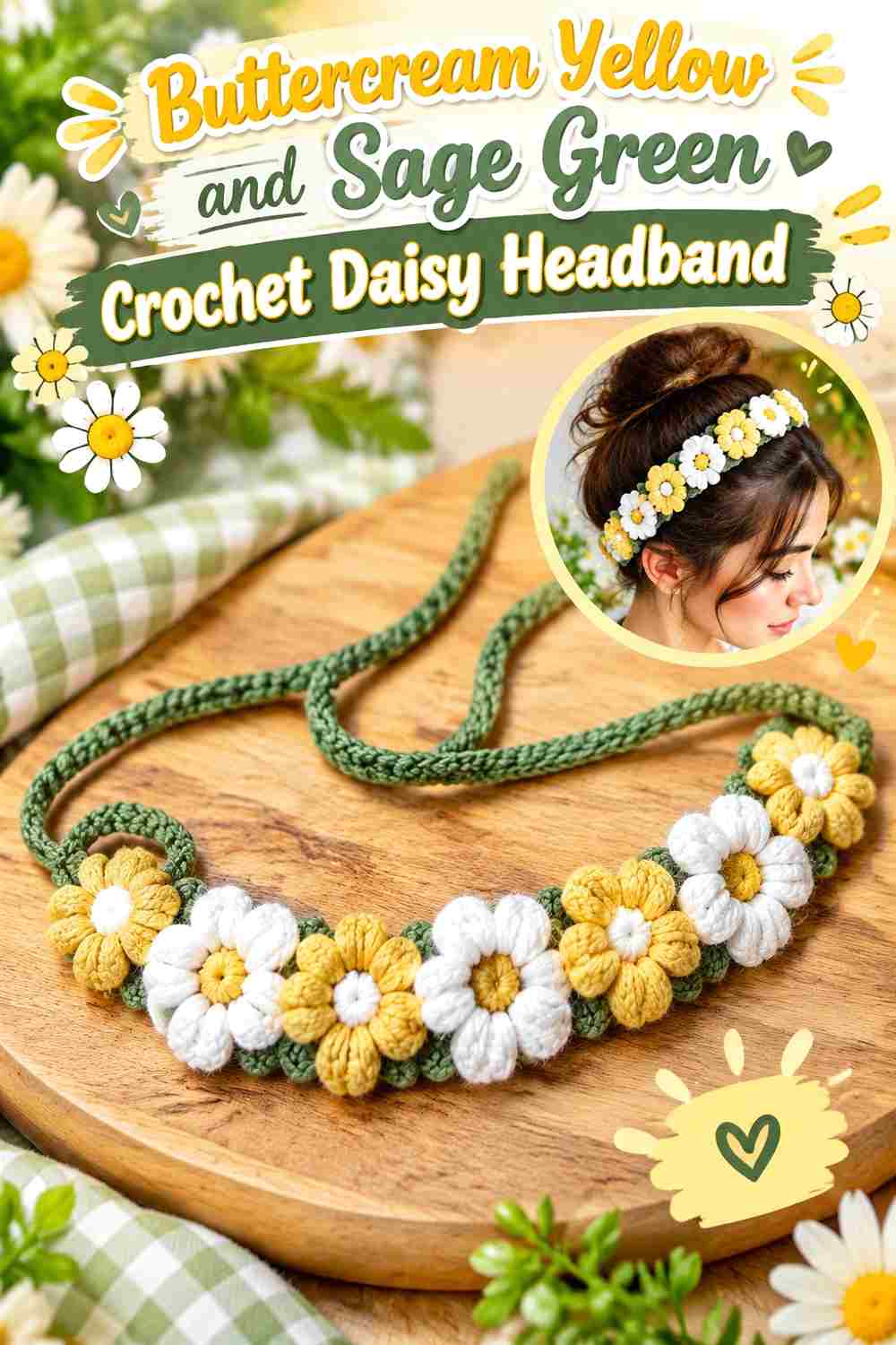 2. Buttercream Yellow And Sage Green Crochet Daisy Headband