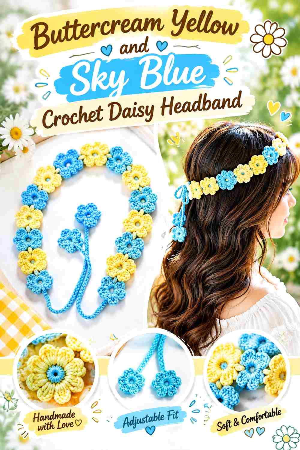 5. Buttercream Yellow And Sky Blue Crochet Daisy Headband