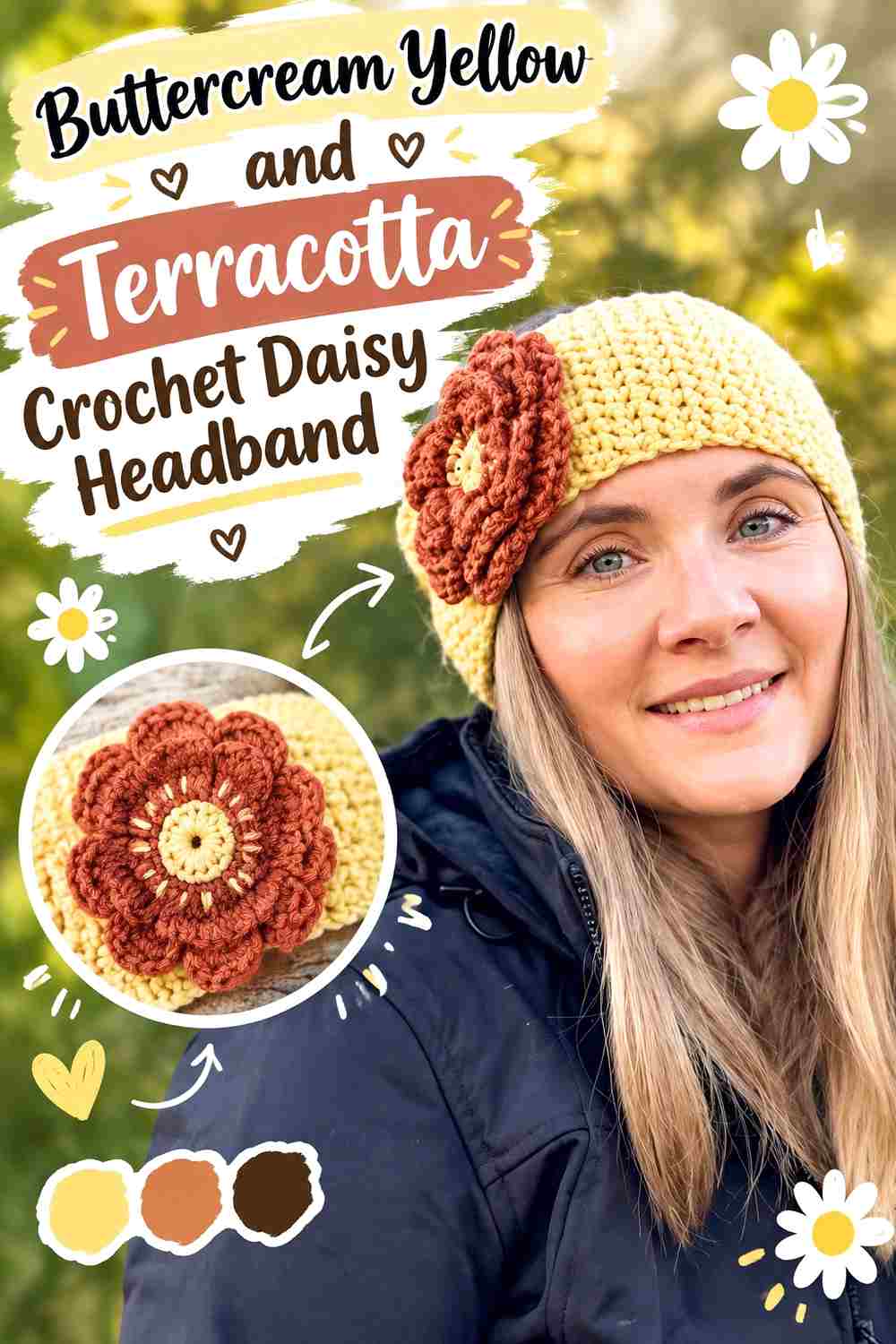 8. Buttercream Yellow And Terracotta Crochet Daisy Headband