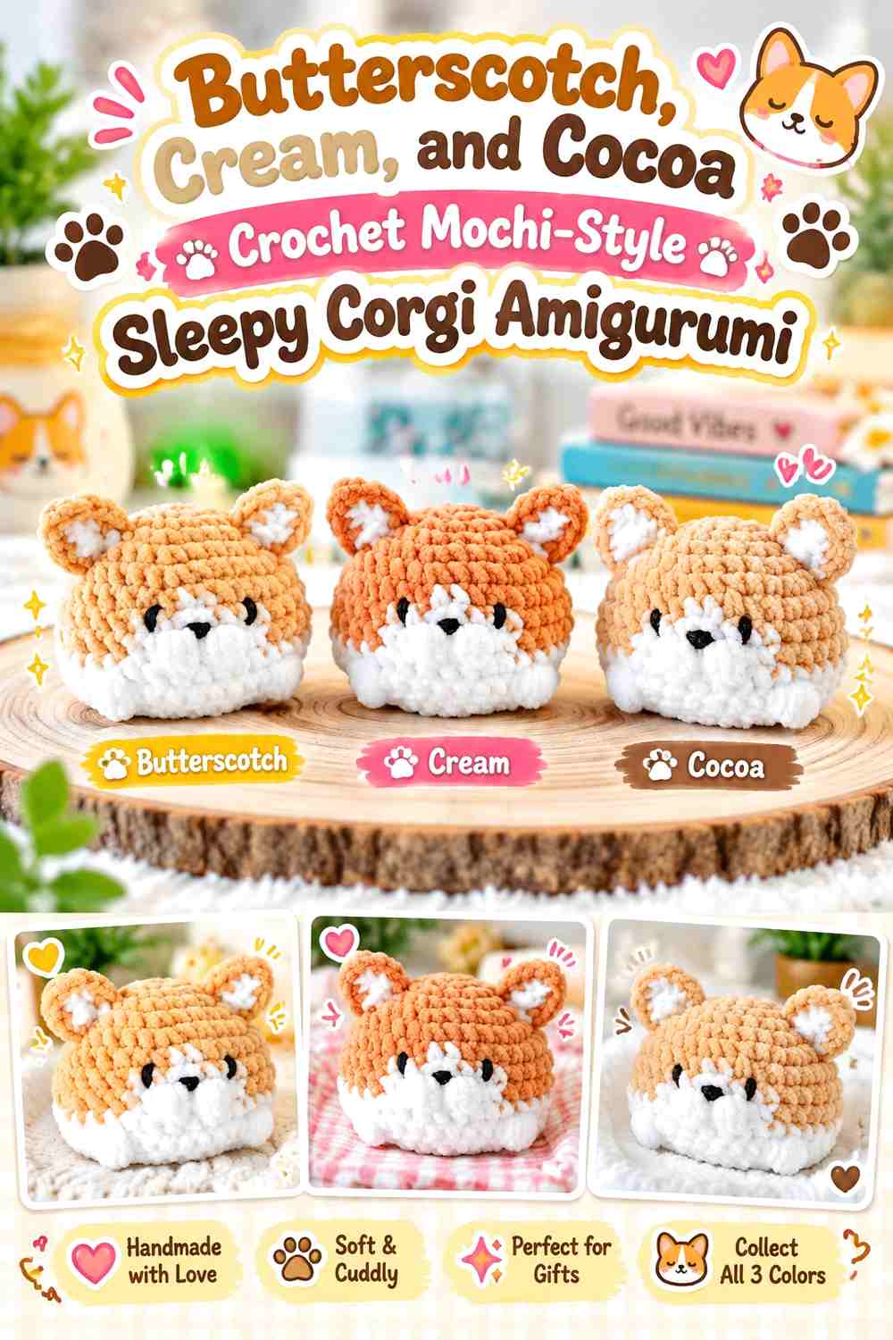 Butterscotch, Cream, and Cocoa Crochet Mochi-Style Sleepy Corgi Amigurumi