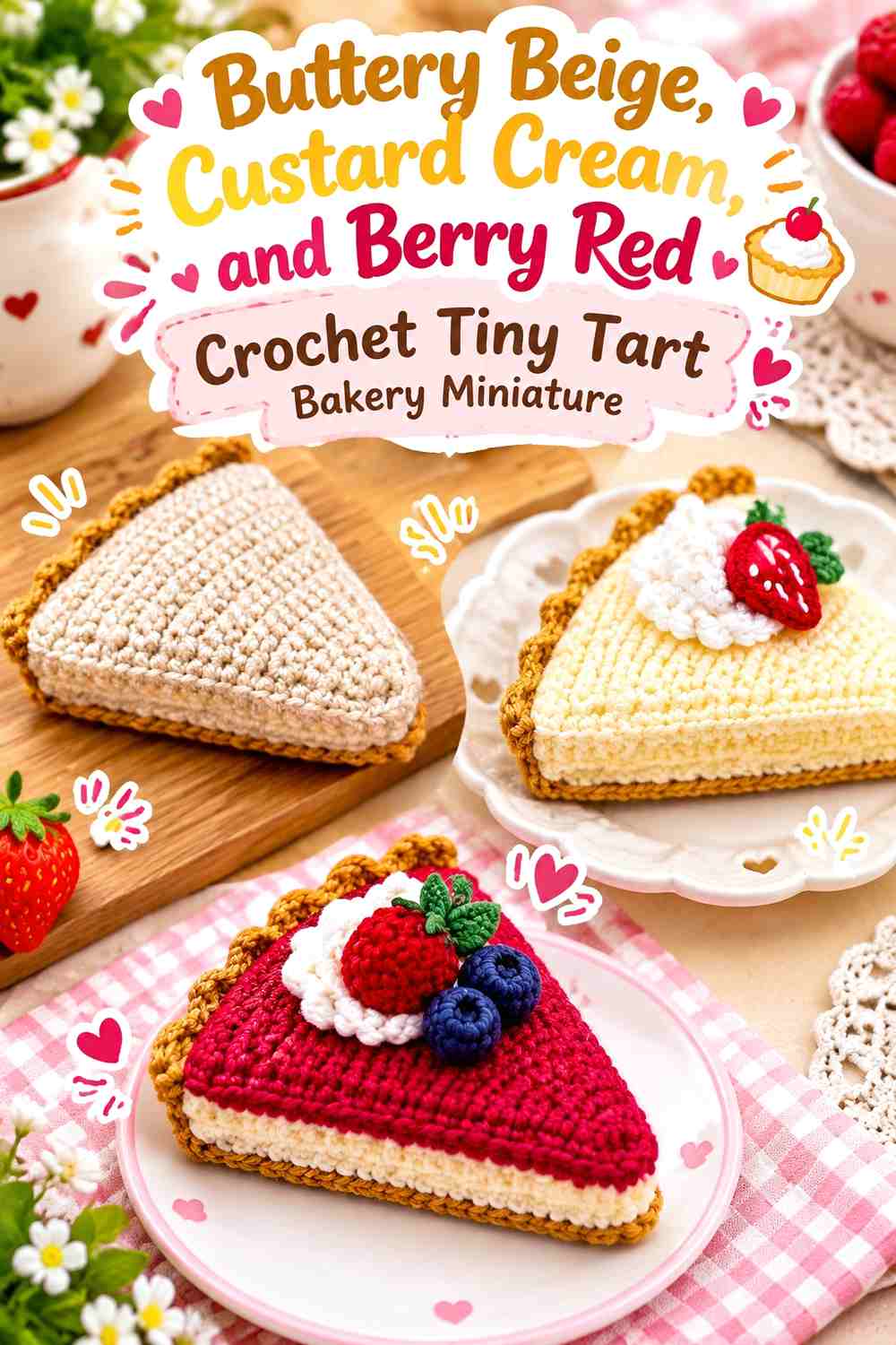 Buttery Beige, Custard Cream, and Berry Red Crochet Tiny Tart Bakery Miniature