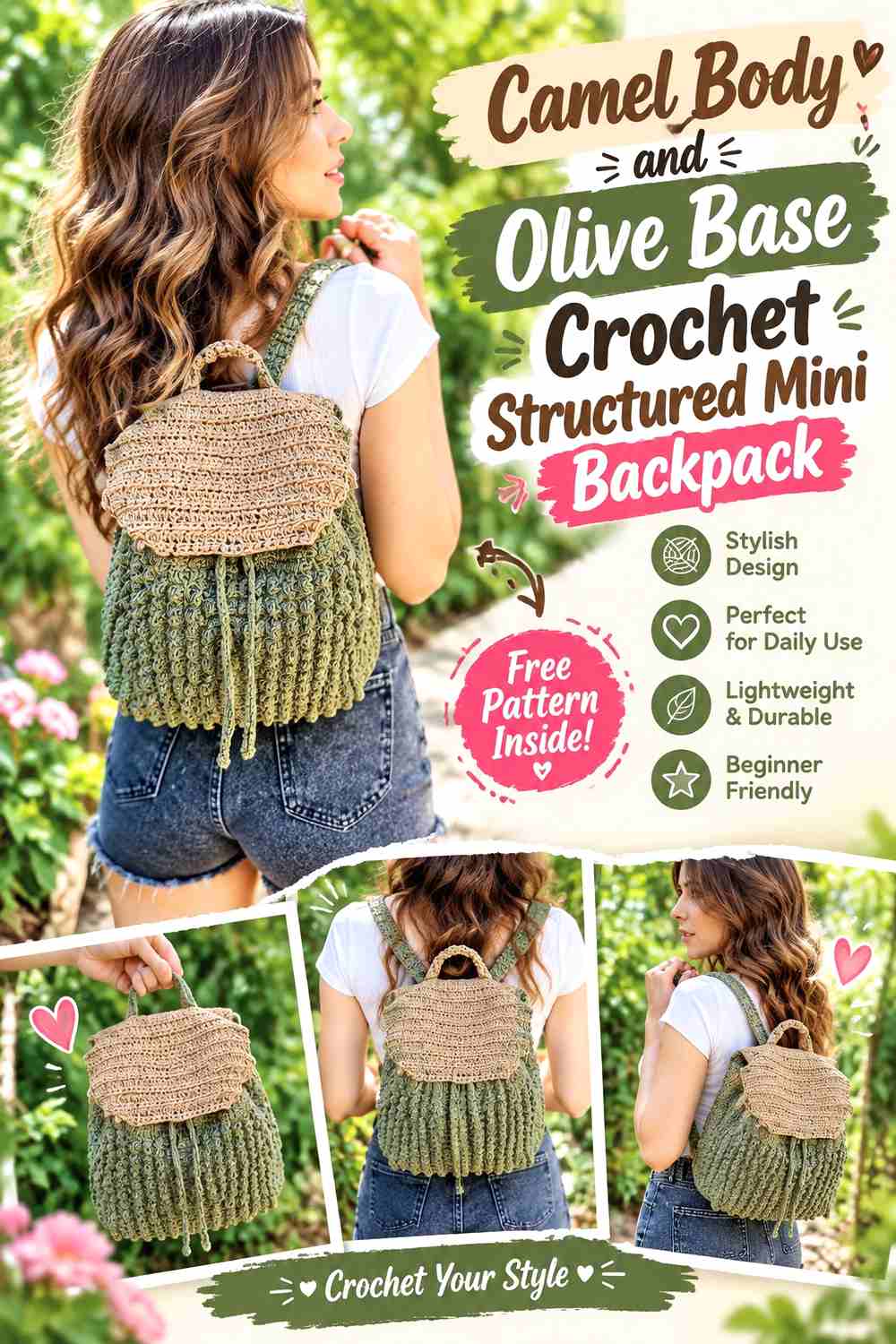 2. Camel Body And Olive Base Crochet Structured Mini Backpack