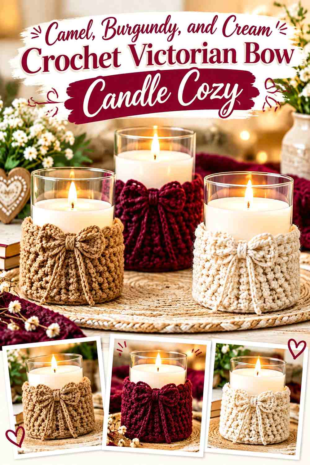 Camel, Burgundy, and Cream Crochet Victorian Bow Candle Cozy