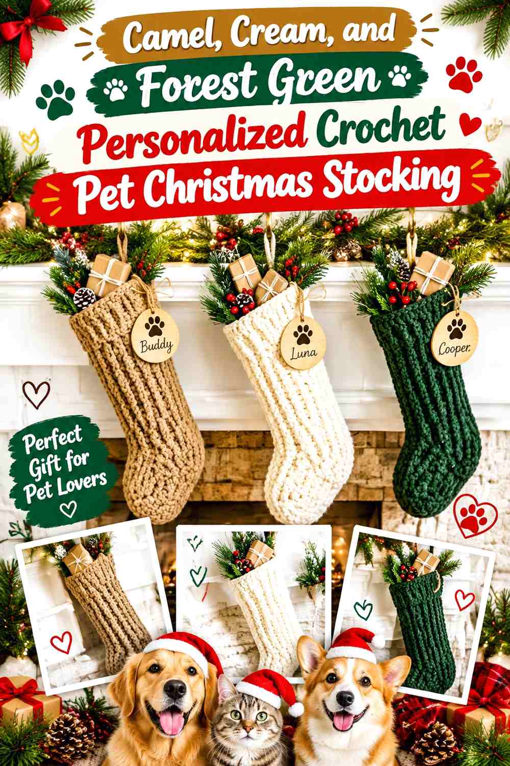 Camel, Cream, and Forest Green Personalized Crochet Pet Christmas Stocking