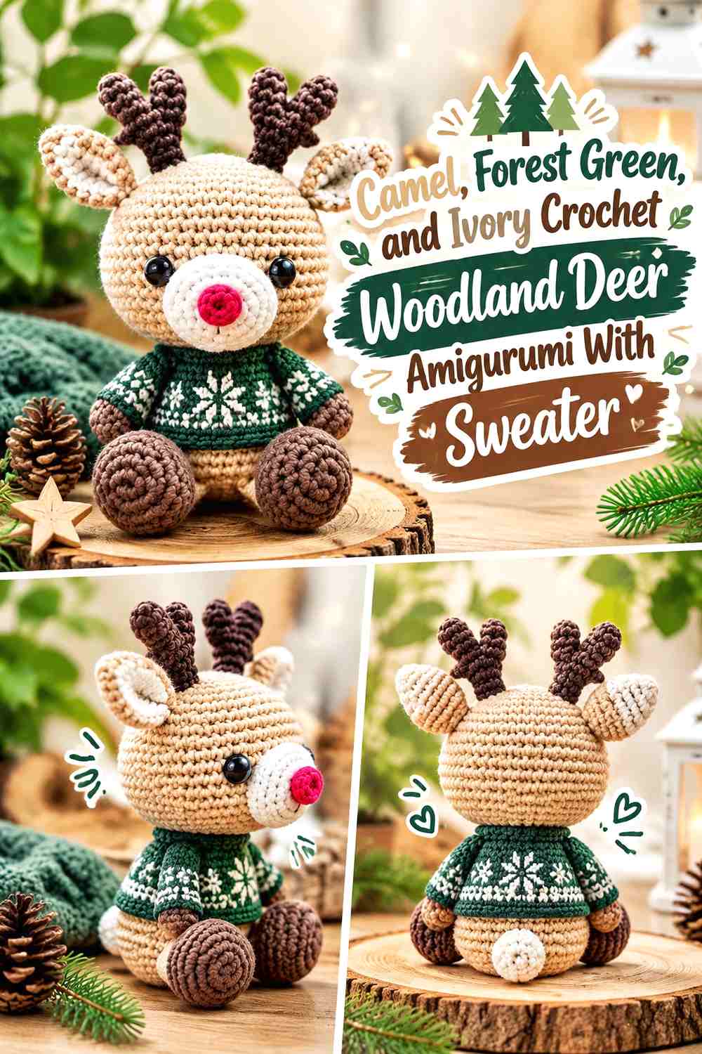 Camel, Forest Green, and Ivory Crochet Woodland Deer Amigurumi With Sweater