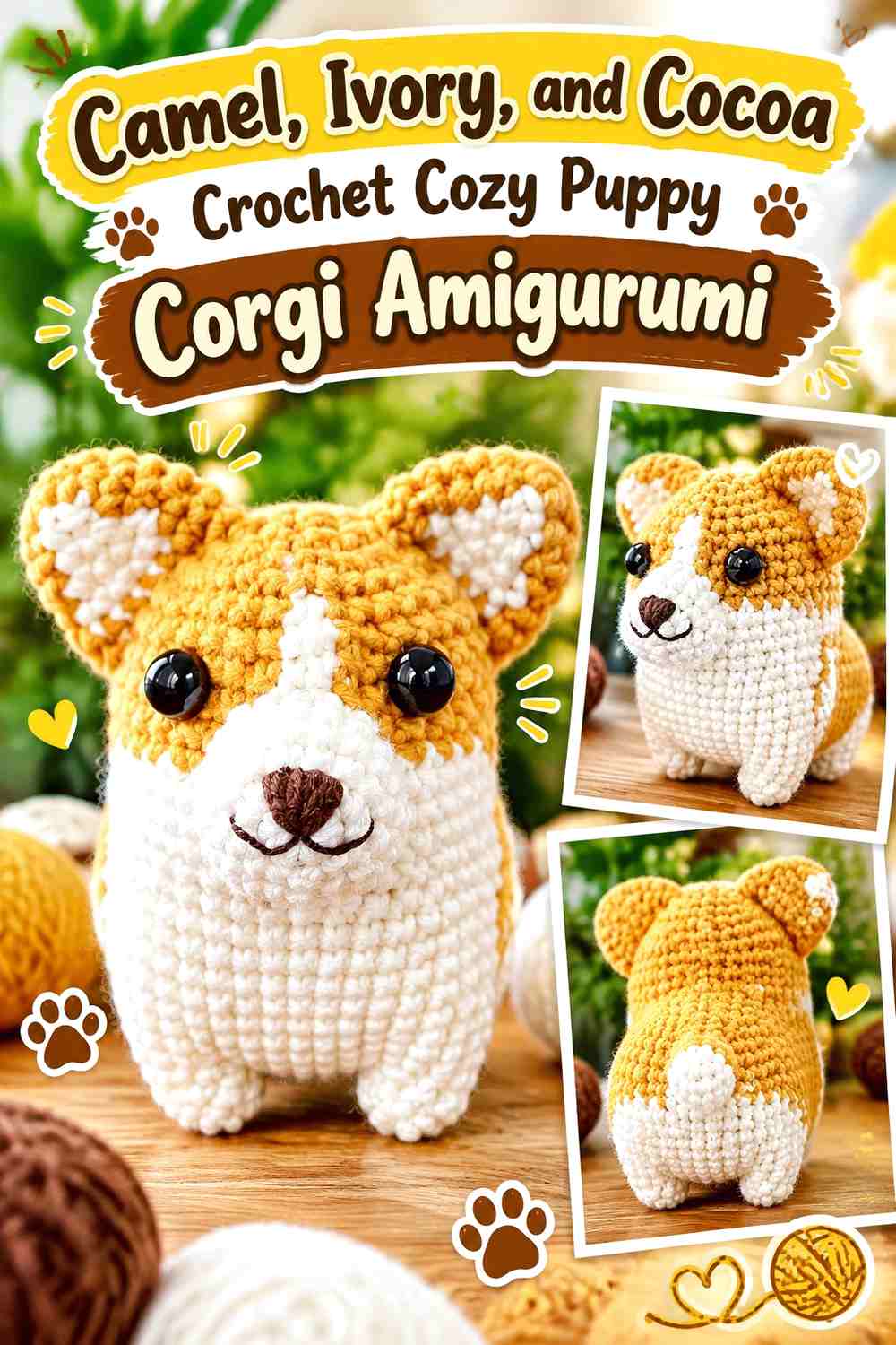 Camel, Ivory, and Cocoa Crochet Cozy Puppy Corgi Amigurumi