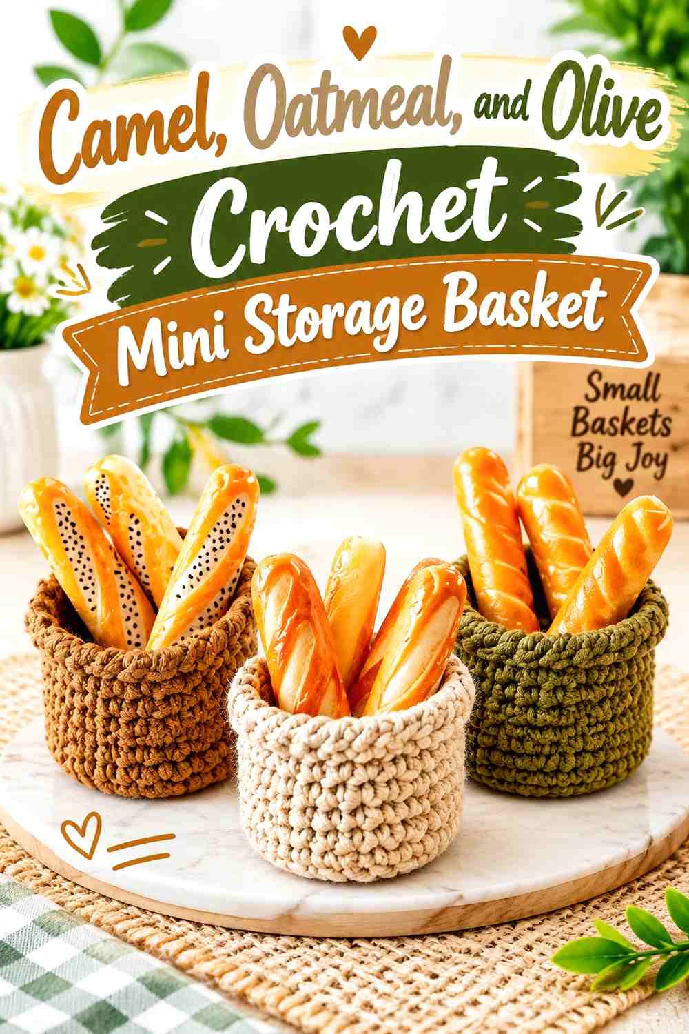 Camel, Oatmeal, and Olive Crochet Mini Storage Basket
