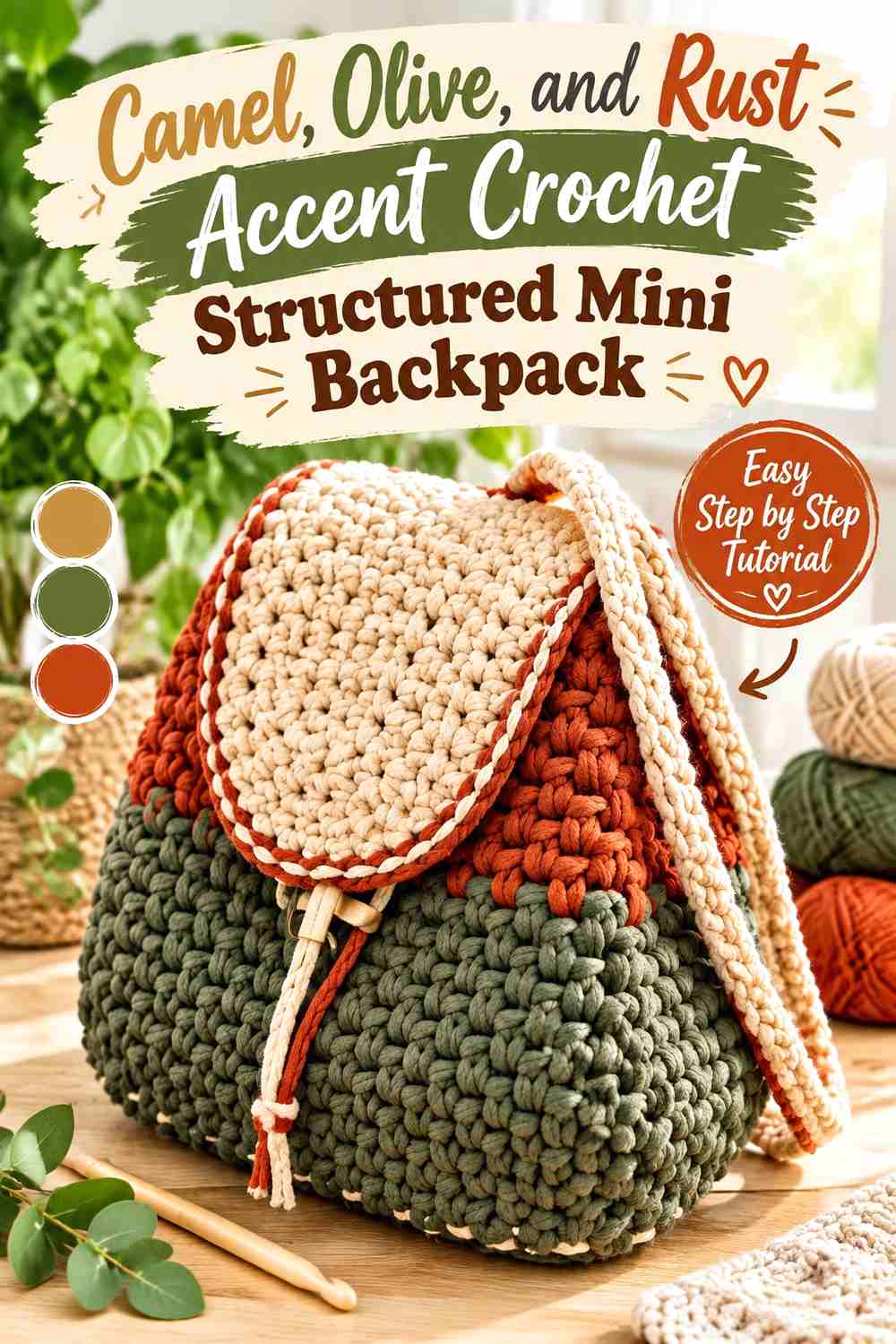 8. Camel Olive And Rust Accent Crochet Structured Mini Backpack