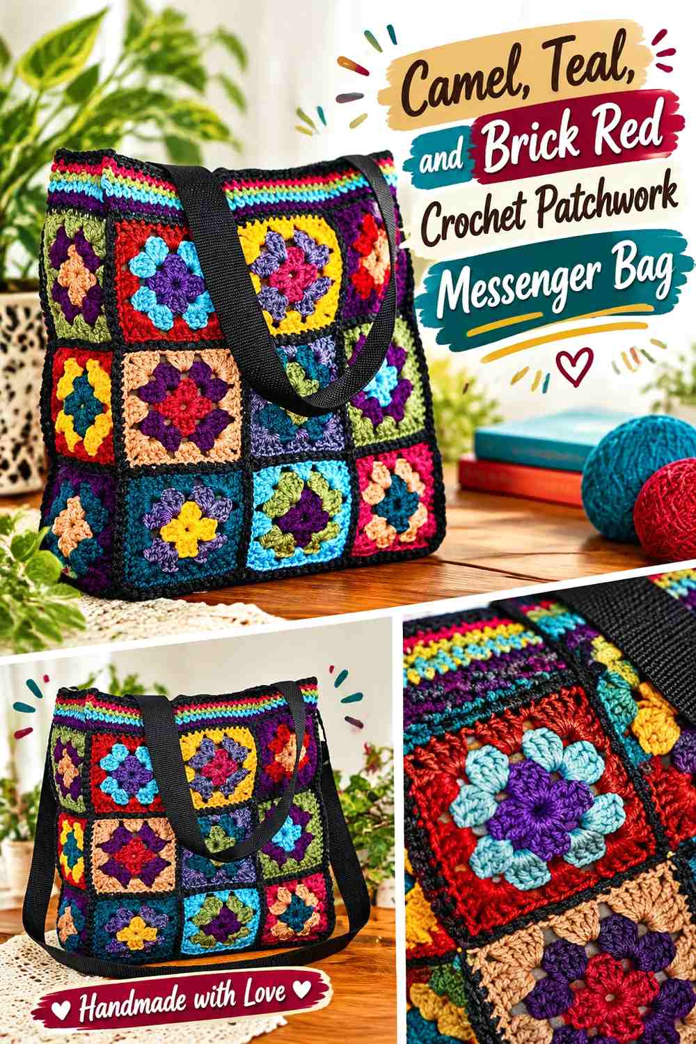 Camel, Teal, and Brick Red Crochet Patchwork Messenger Bag