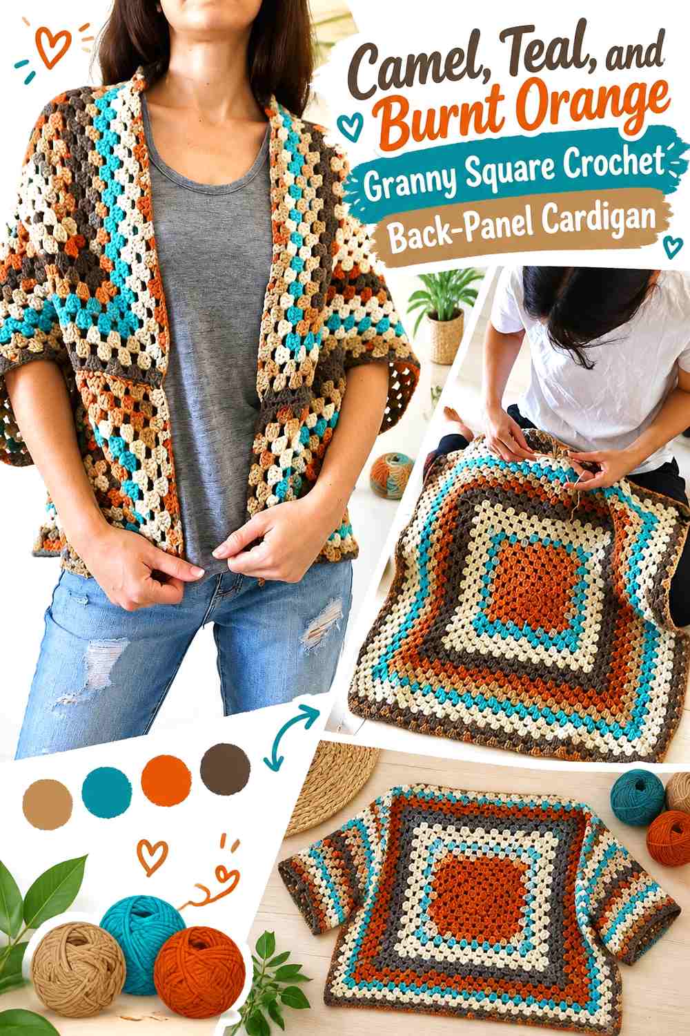 Camel, Teal, and Burnt Orange Granny Square Crochet Back-Panel Cardigan