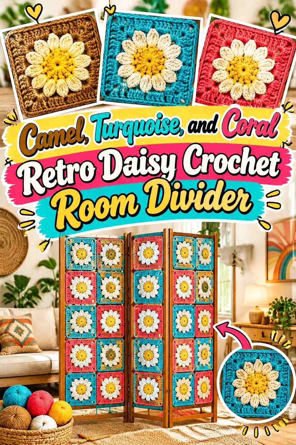 Camel, Turquoise, and Coral Retro Daisy Crochet Room Divider