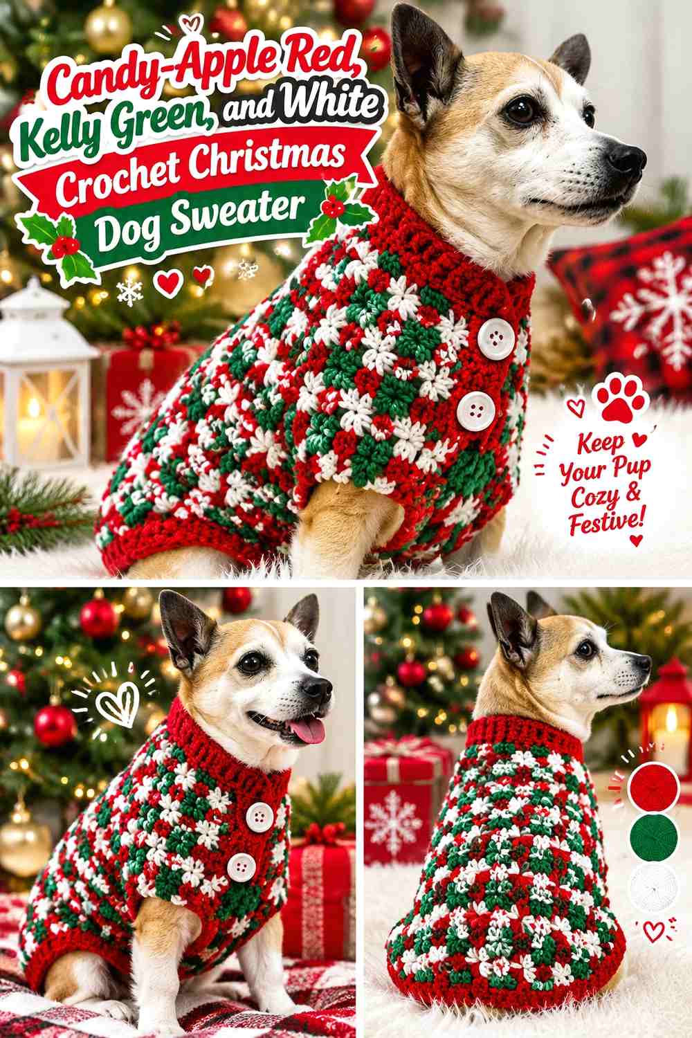 Candy-Apple Red, Kelly Green, and White Crochet Christmas Dog Sweater