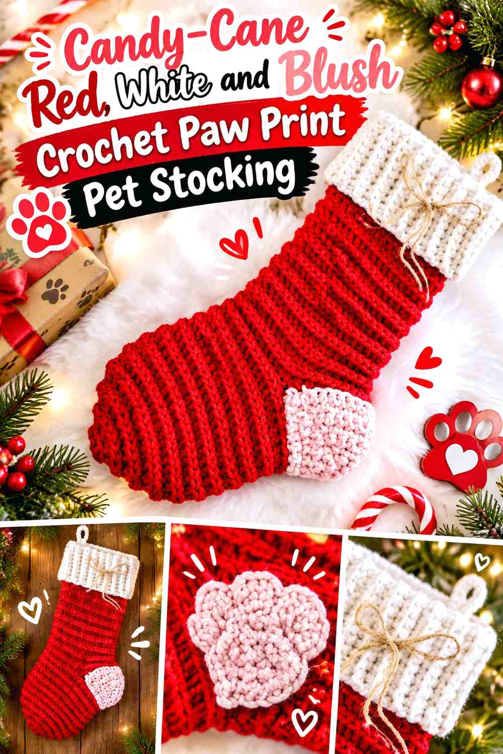 Candy-Cane Red, White, and Blush Crochet Paw Print Pet Stocking