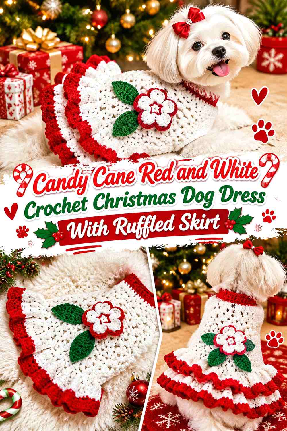 Candy Cane Red and White Crochet Christmas Dog Dress With Ruffled Skirt
