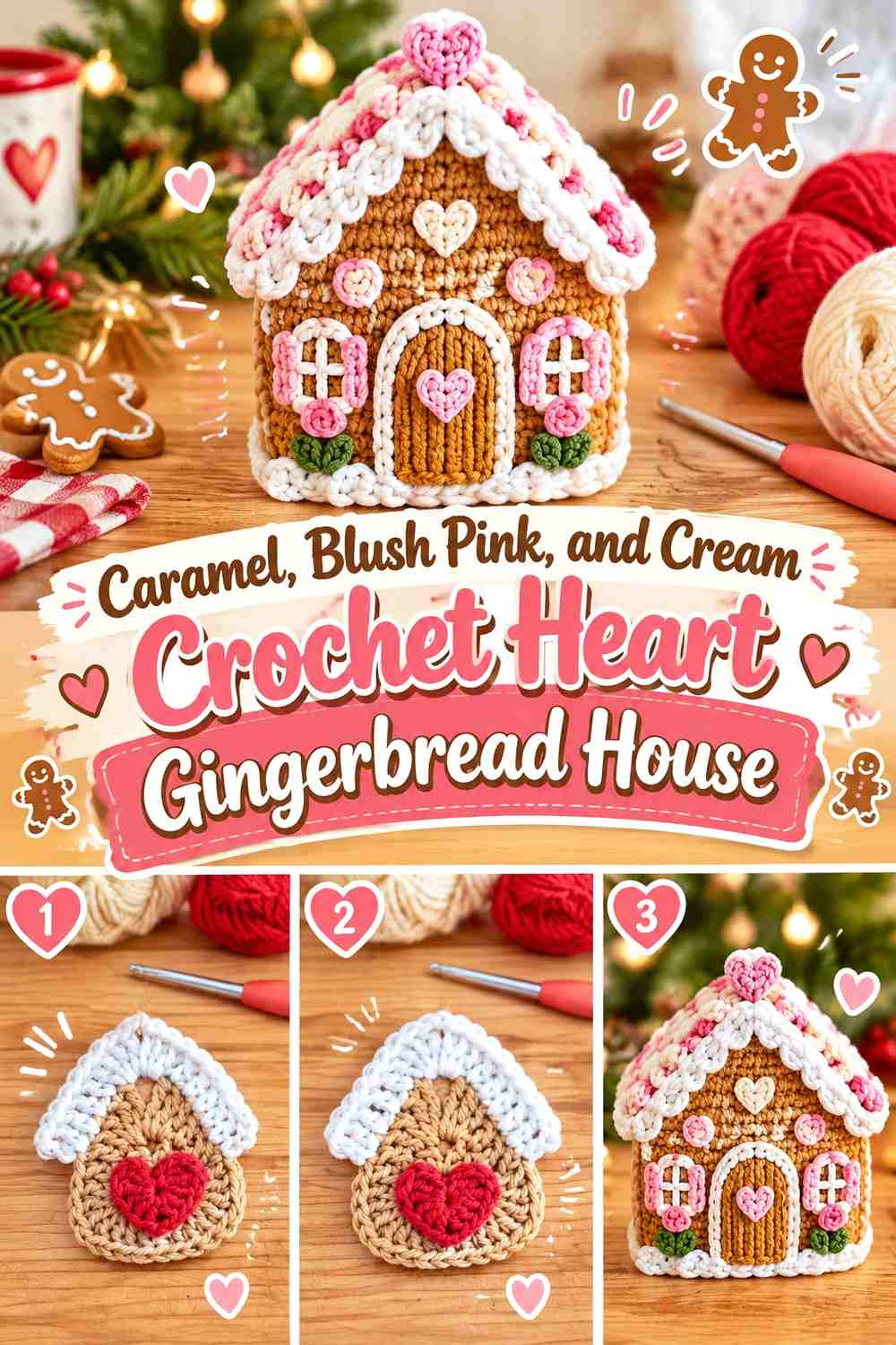 Caramel, Blush Pink, and Cream Crochet Heart Gingerbread House