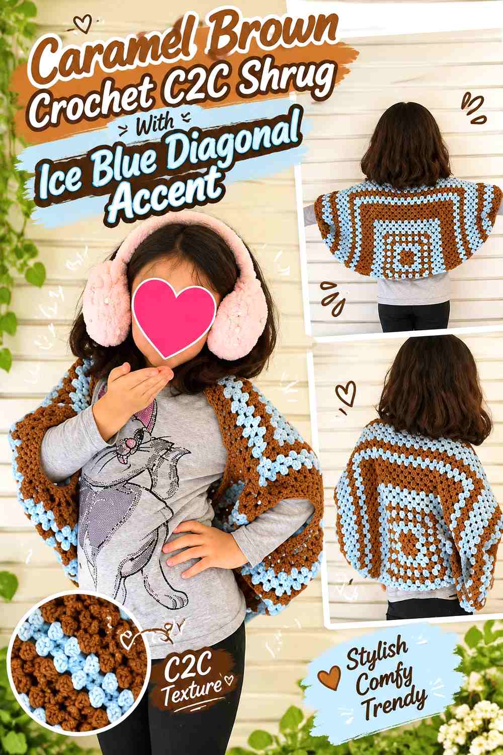 Caramel Brown Crochet C2C Shrug With Ice Blue Diagonal Accent