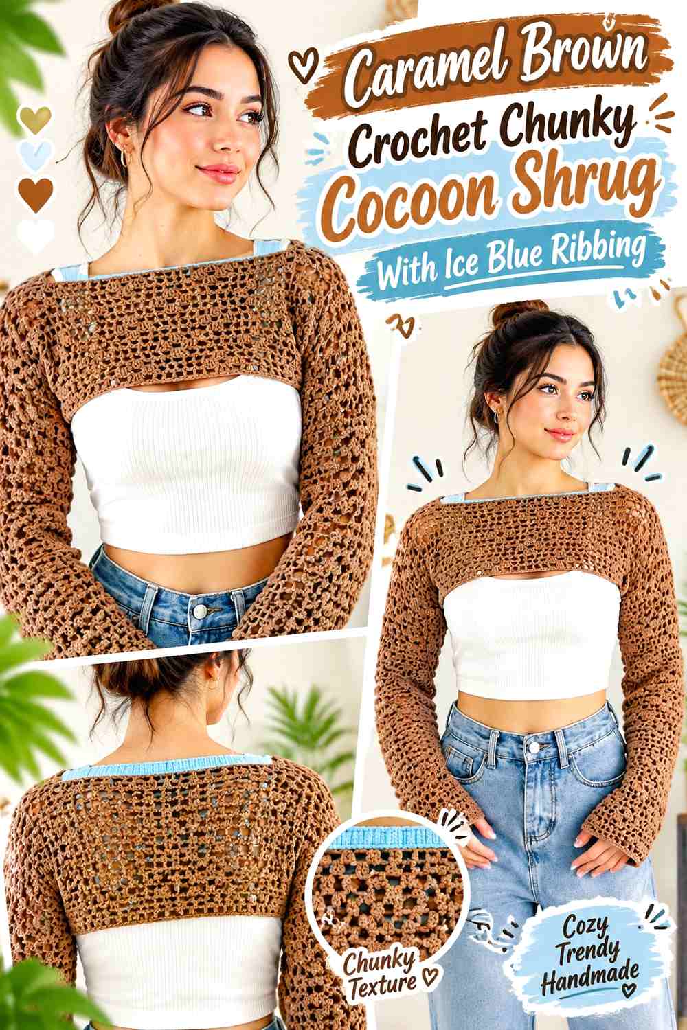 Caramel Brown Crochet Chunky Cocoon Shrug With Ice Blue Ribbing