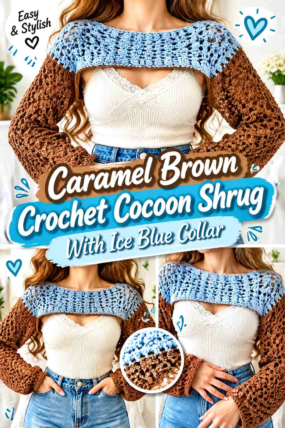 Caramel Brown Crochet Cocoon Shrug With Ice Blue Collar