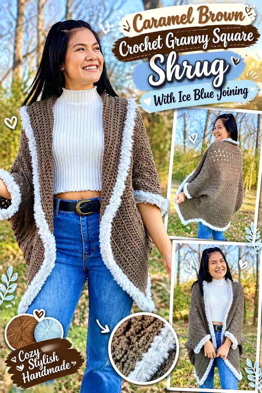 Caramel Brown Crochet Granny Square Shrug With Ice Blue Joining