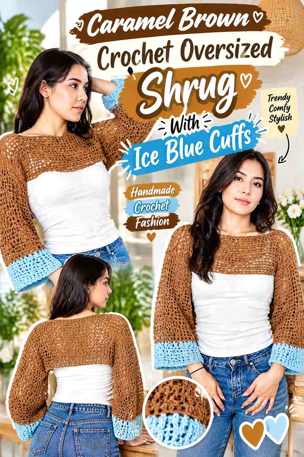Caramel Brown Crochet Oversized Shrug With Ice Blue Cuffs