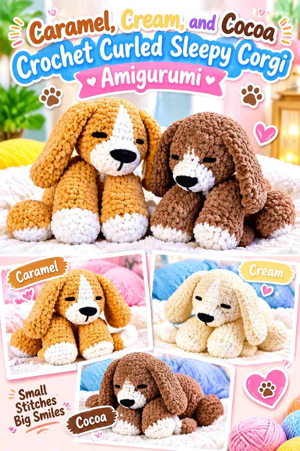 Caramel, Cream, and Cocoa Crochet Curled Sleepy Corgi Amigurumi