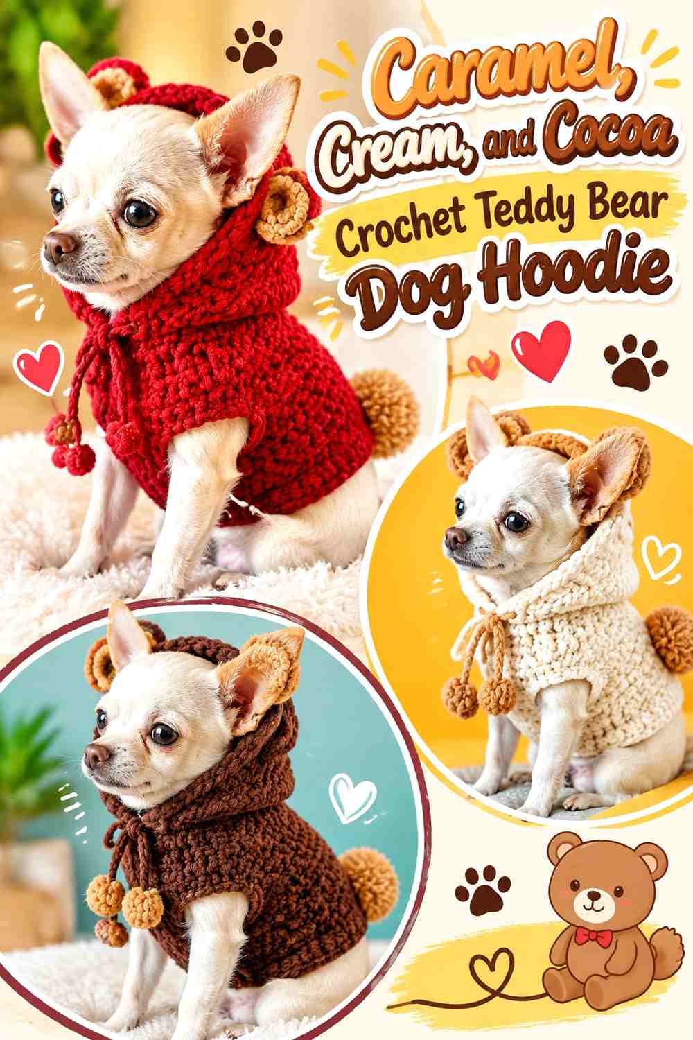 Caramel, Cream, and Cocoa Crochet Teddy Bear Dog Hoodie