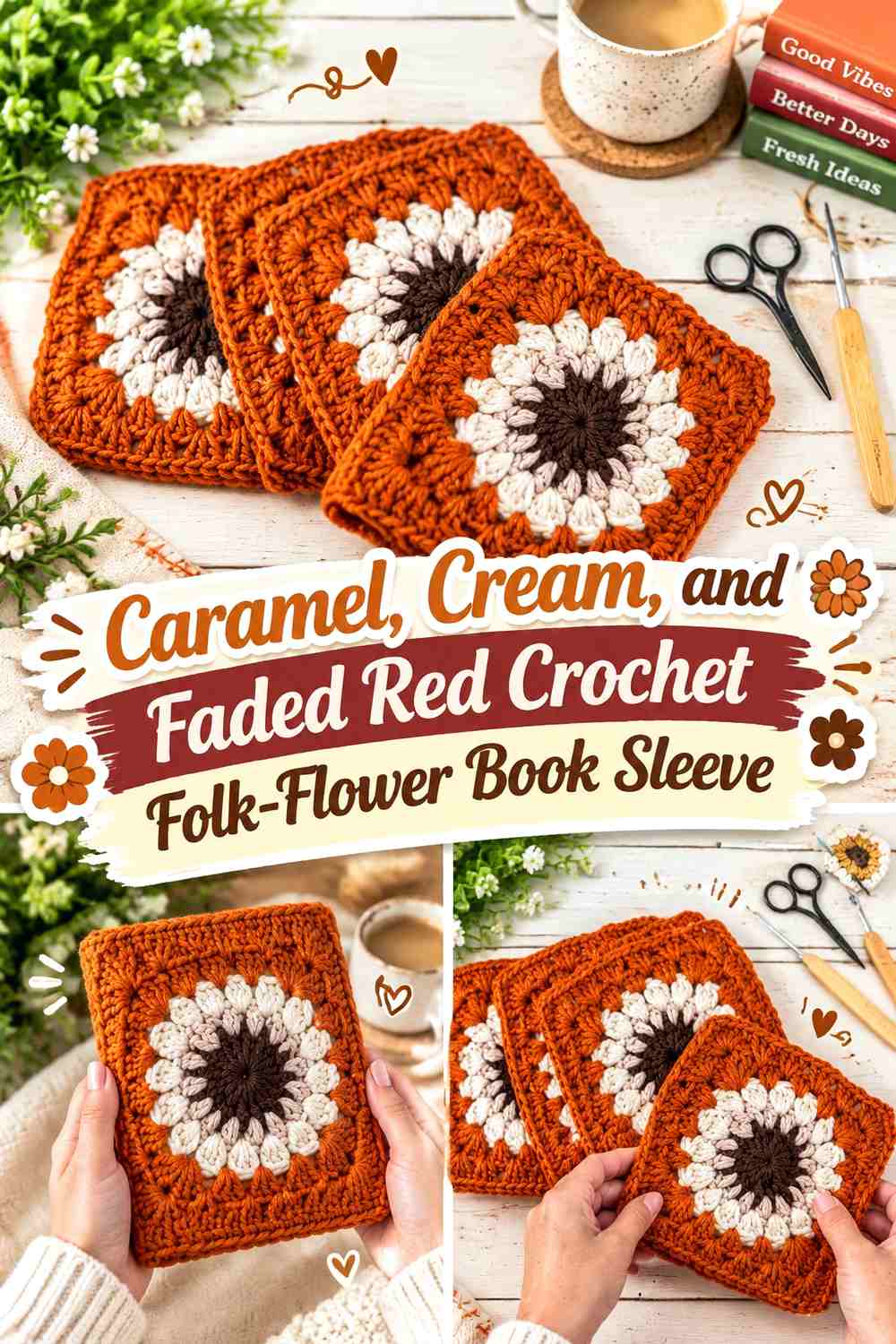 Caramel, Cream, and Faded Red Crochet Folk-Flower Book Sleeve