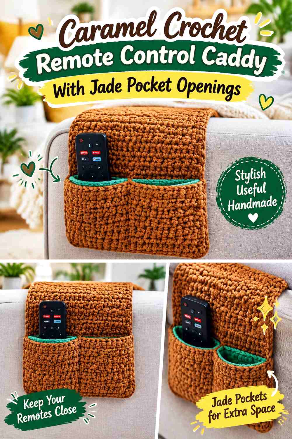 5. Caramel Crochet Remote Control Caddy With Jade Pocket Openings