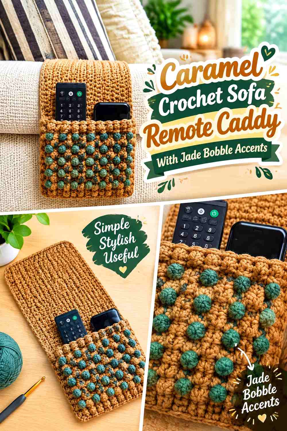 8. Caramel Crochet Sofa Remote Caddy With Jade Bobble Accents