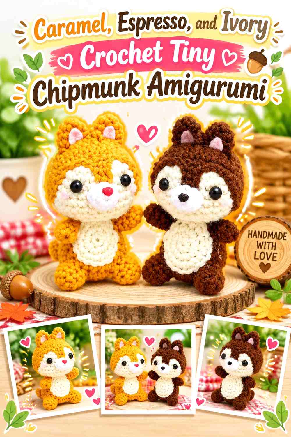 Caramel, Espresso, and Ivory Crochet Tiny Chipmunk Amigurumi