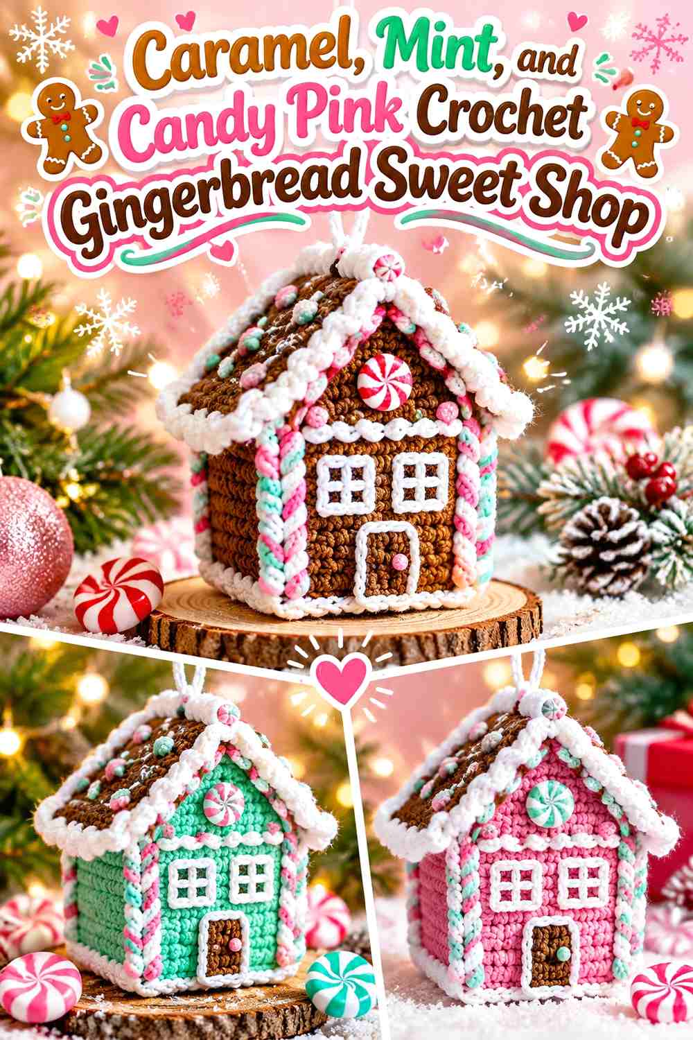 Caramel, Mint, and Candy Pink Crochet Gingerbread Sweet Shop
