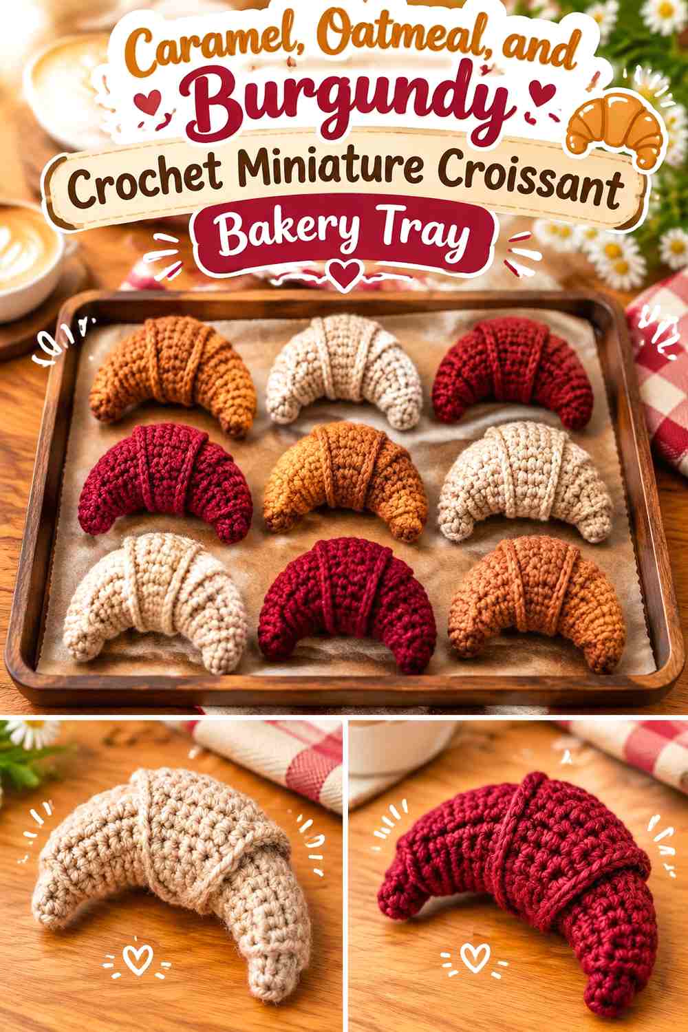 Caramel, Oatmeal, and Burgundy Crochet Miniature Croissant Bakery Tray